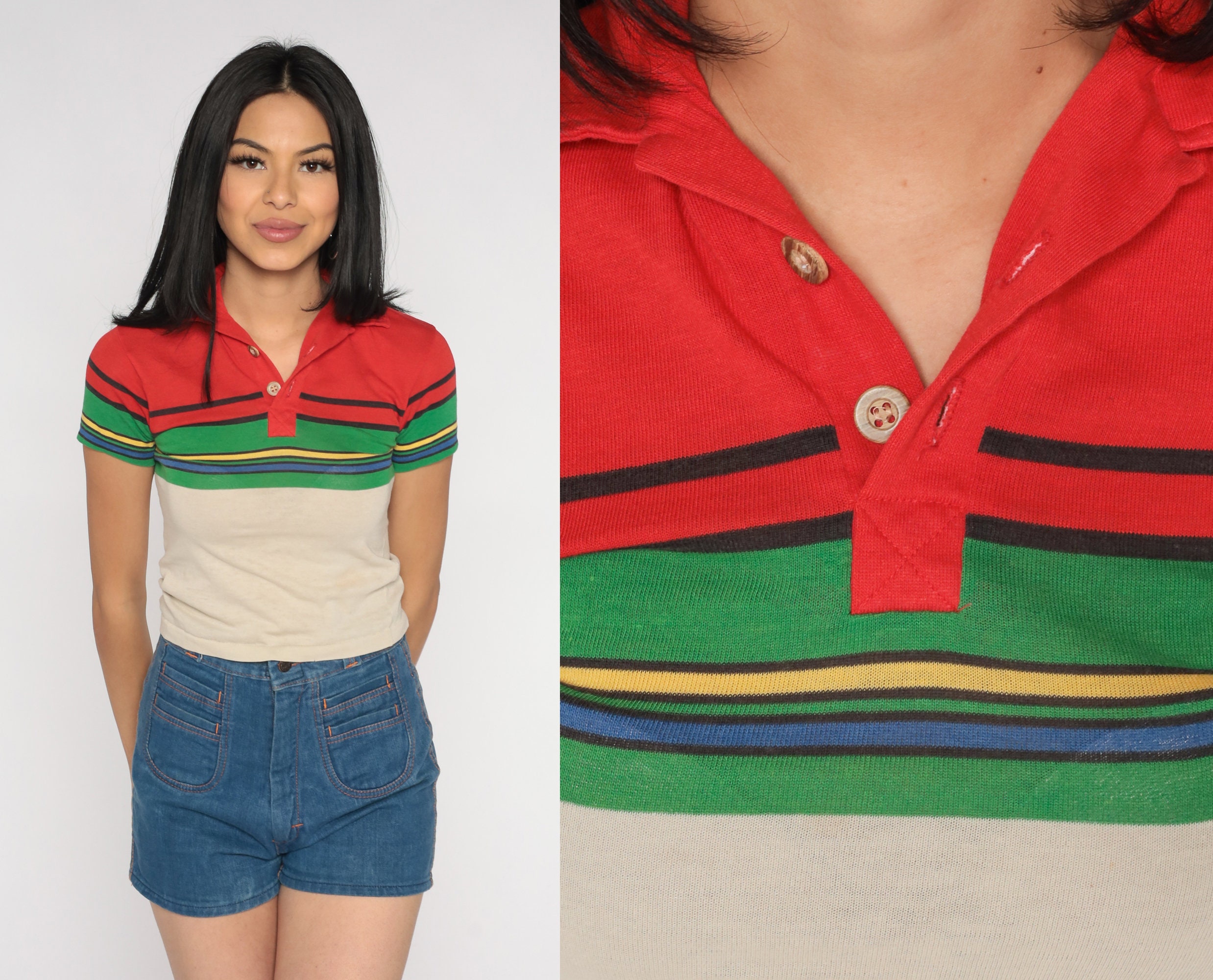 Striped Polo Shirt 80s Collared Top Retro Short Sleeve Preppy - Etsy