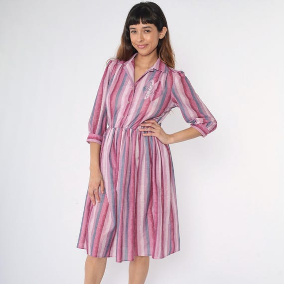 Vintage 80s Pink Striped Dress Midi Button Up Shirtdress Purple Embroidered Collared 1980s 3/4 Sleeve Boho Secretary High Waisted Medium M