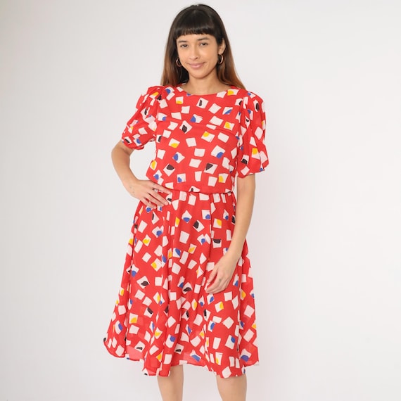 Vintage Red Geometric Dress 80s Midi Abstract Print Dress Puff Sleeve High Waisted Secretary Retro Blouson 1980s Medium M
