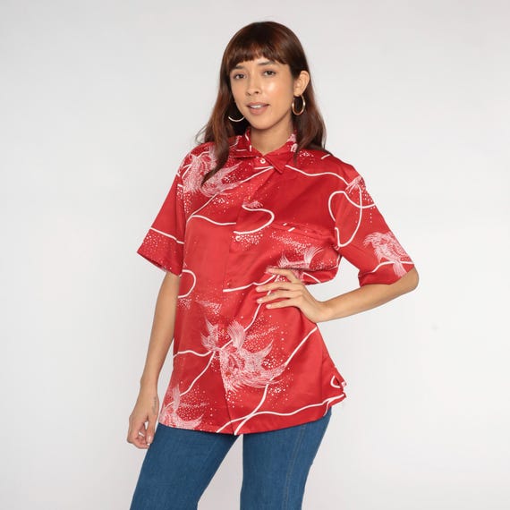 Red Fish Print Shirt 70s Hawaiian Koi Print Button Front Tori Richard Novelty Print Disco Era Statement Bold Quirky Unisex Large L