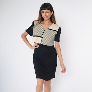 90er Schwarz Color Block Kleid Mini Creme Gestreift Etuikleid Kurzarm 80er Minikleid Vintage 1990er V Ausschnitt Retro High Waist Button Up Medium 8