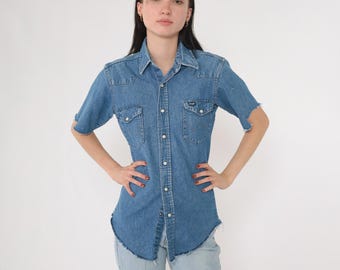 Chemise western Wrangler vintage à carreaux multicolores, grande taille, chemise western à manches courtes Wrangler Wrangler, perle, bouton-pression - France