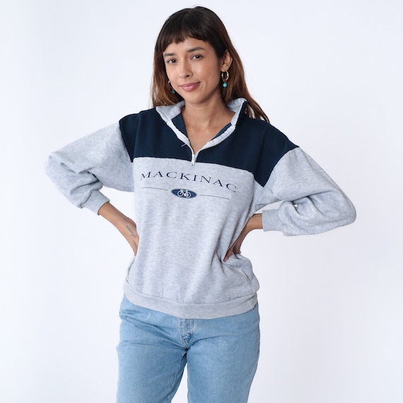 Mackinac Sweatshirt 90s Quarter Zip Sweater Bike Graphic Shirt Light Heather Grey Tourist Retro Pullover Travel Blue Vintage 1990s Small S