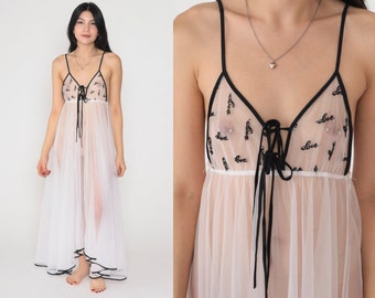 Sheer White Nightgown 70s Lingerie Slip Dress Embroidered Love Long Babydoll Sleeveless Empire Waist Nightie Boho Vintage 1970s Small Medium