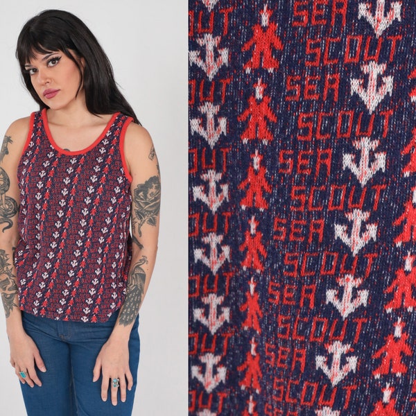 Nautical Tank Top 70s Sea Scout Shirt Retro Anchor Print Summer Mod Sleeveless Blouse Sailor Red Blue White Vintage 1970s Spoof Medium M