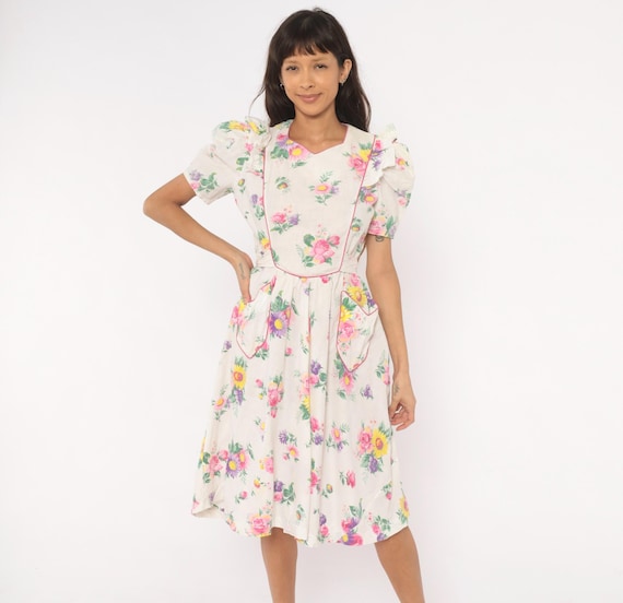 50s Floral Cotton Dress Puff Sleeve Rose Print Pink White Prairie Cottagecore V Neck Piping Trim Patch Pocket Tie Back Vintage Medium M