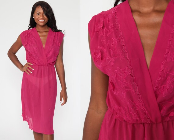 Sheer Pink Dress 70s Midi BUTTERFLY Wrap Eyelet Lace Party Deep V Neck Cap Sleeve Boho High Waisted 1970s Vintage Bohemian Small Medium