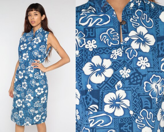 90s Hawaiian Dress Blue Floral Print Dress Tropical Midi Tiki Sleeveless Shift Dress 1990s Bohemian Vintage Retro White Large