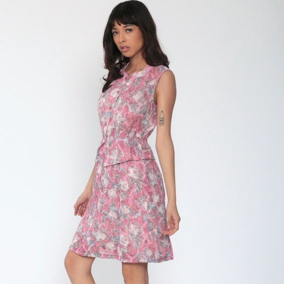 Pink Floral Dress 70s Mini Peplum Dress Secretary… - image 2