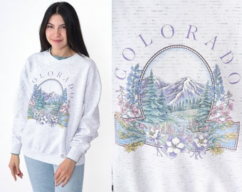 90s Colorado Sweatshirt Graphic Mountain Sweater 1990s Vintage Floral Nature Retro Heather White Sweatshirt US State Travel Medium
