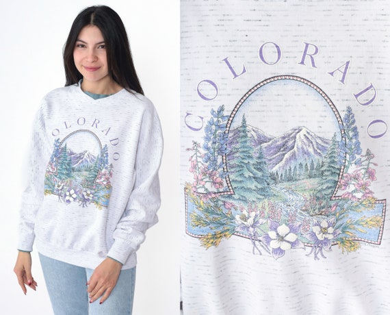 90s Colorado Sweatshirt Graphic Mountain Sweater 1990s Vintage Floral Nature Retro Heather White Sweatshirt US State Travel Medium