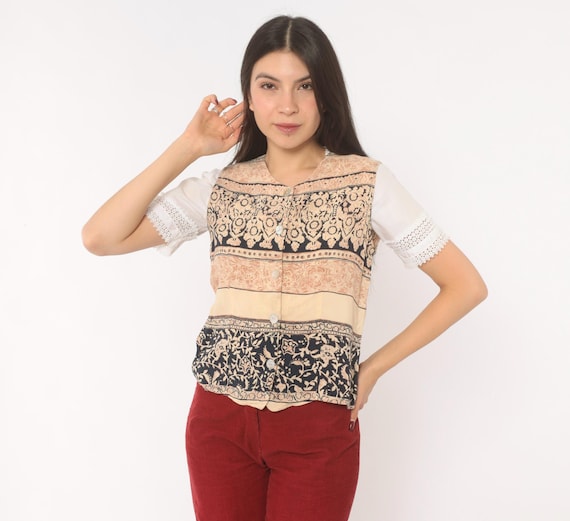90s Bohemian Vest Block Print Blouse Sleeveless V Neck Floral Cream Navy Short Sleeve Top Cottagecore Prairie Summer Hippie Shirt Small S