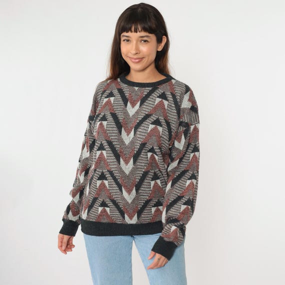 90s Geometric Sweater Zig Zag Striped Sweater Chevron Knit Jumper 1990s Boho Vintage Pullover Charcoal Grey Pink Zigzag Retro Jantzen Large