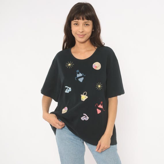 Embroidered Beach T Shirt Black Summer Tee Bikini Sun Hat Sunglasses Crochet Vacation Tropical Cotton Short Sleeve Quirky Eccentric Top