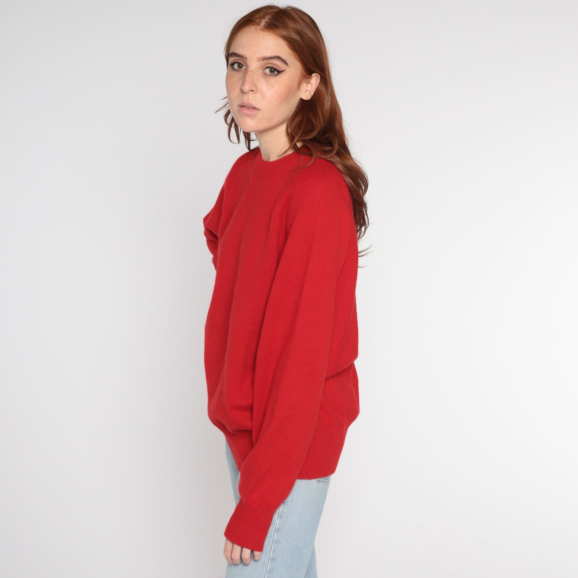 Red Cashmere Sweater 90s Plain Knit Pullover Sweater Basic Simple ...