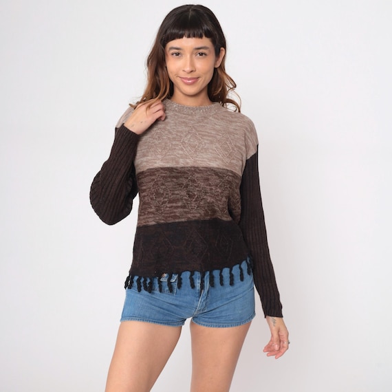 90s Color Block Sweater Cable Knit Brown Tan Beige Cream Striped Fringe Hem Pullover Vintage Grandpa Cozy Knit Top Neutral Tones Medium M