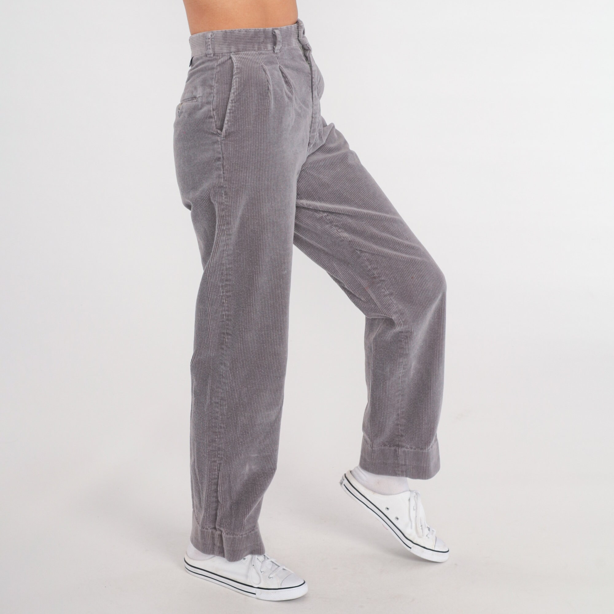 Pleated Corduroy Pants 80s Grey High Waisted Trousers Pleated Corduroy Pants 80s Grey High Waisted Trousers