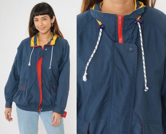 Vintage Blue Windbreaker 80s Zip up Jacket Red Yellow Trim
