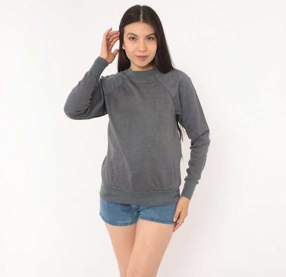 80s Charcoal Raglan Sweatshirt Crewneck Pullover Grey Cotton Top Long Sleeve Vintage Normcore Plain Blank Gray Sweater Grandpacore Small S