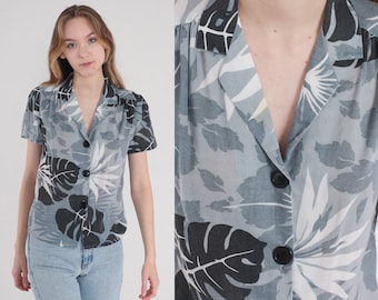 Grey Hawaiian Blouse 80s Tropical Floral Shirt Puff Sleeve Button Up Top Hibiscus Flower Monstera Leaf Print Black White Vintage 1980s Small