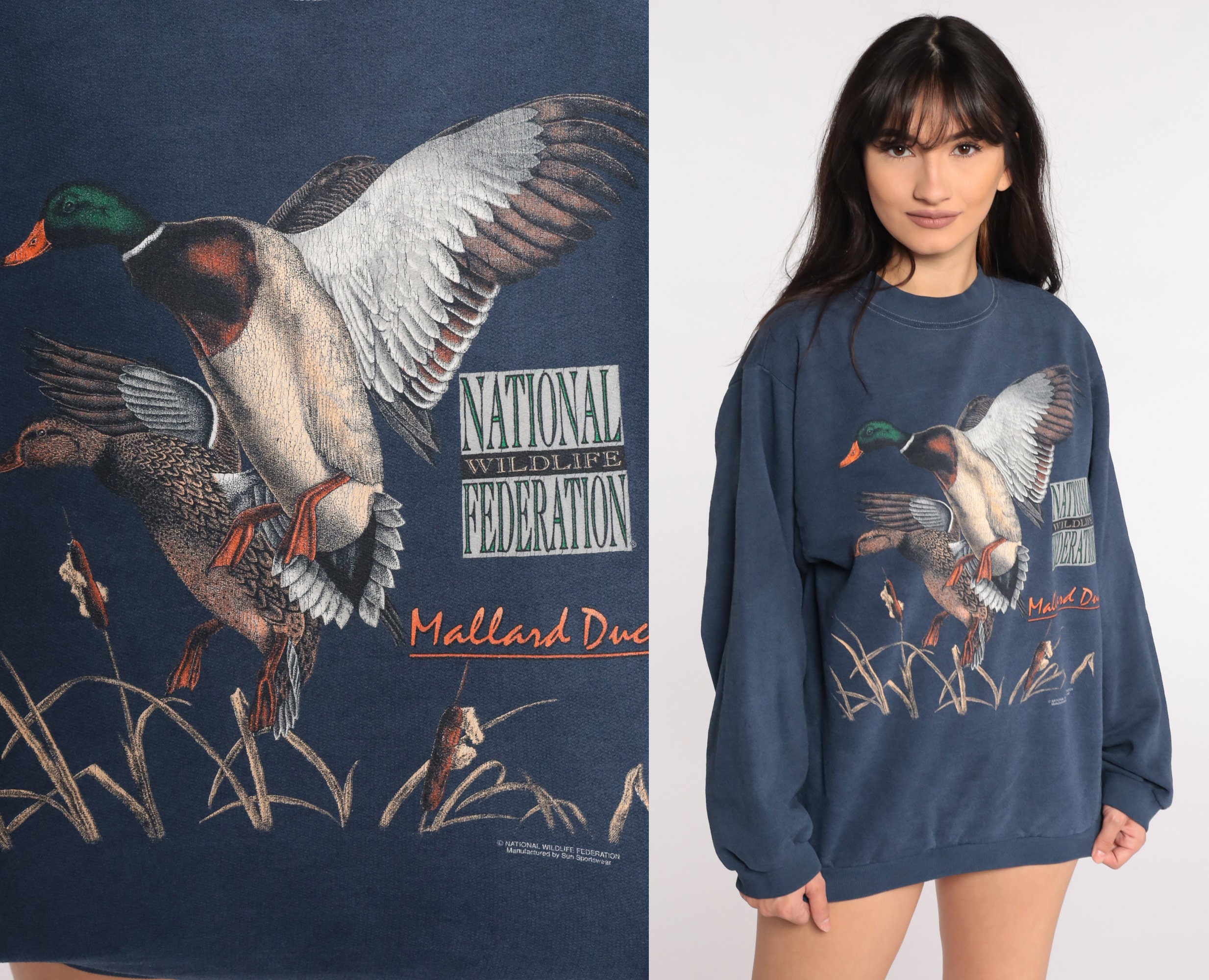 Mallard Duck Sweatshirt 90s National Wildlife Federation Shirt NWF Animal Sweater Bird Jumper Slouchy 80s Graphic Vintage Blue Large