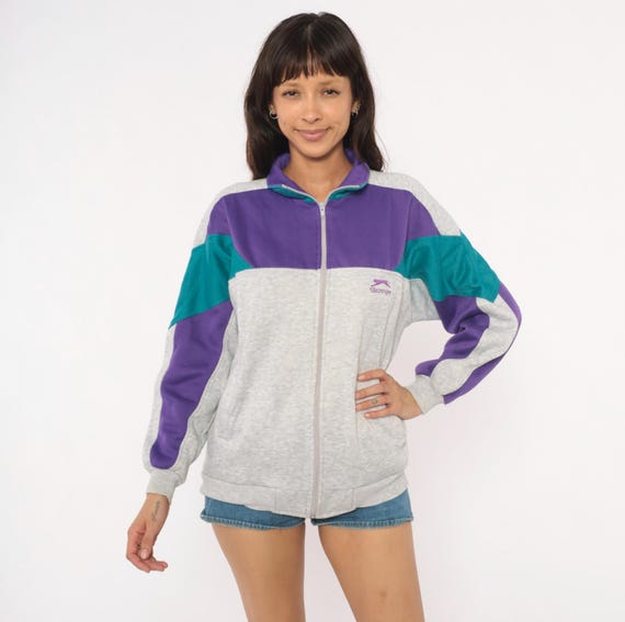 80s Slazenger Colorblock Sweatshirt Purple Grey Fleece Track Jacket Sporty Athletic Vintage Unisex Pockets Athleisure Streetwear Small S