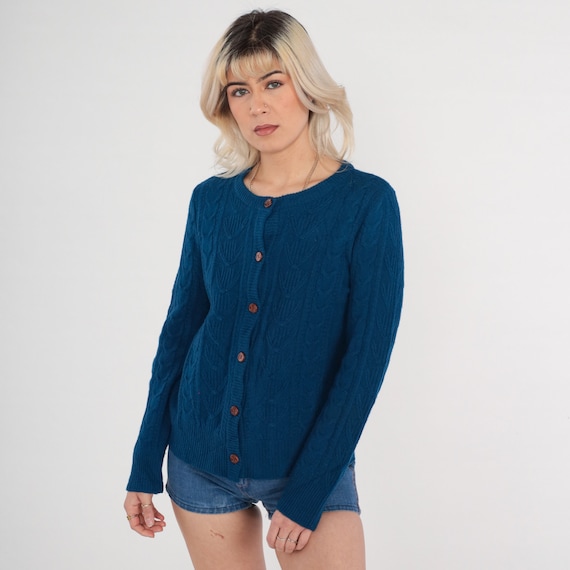 Pendleton Cardigan Dark Blue Cable Knit WOOL Sweater 00s Button Up Grandma Knit Fall Slouchy Vintage Y2K Bohemian Nerd Medium