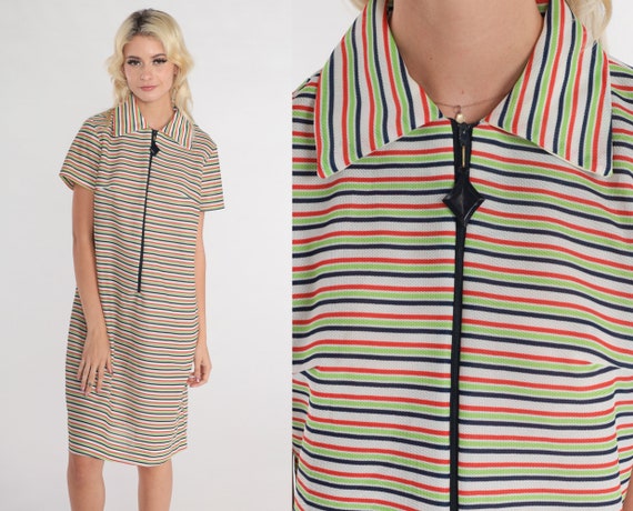 70s Mod Dress Striped Zip Up Midi Dress Collared Shift Dress Short Sleeve Knee Length Retro Day White Red Green Black Vintage 1970s Small S