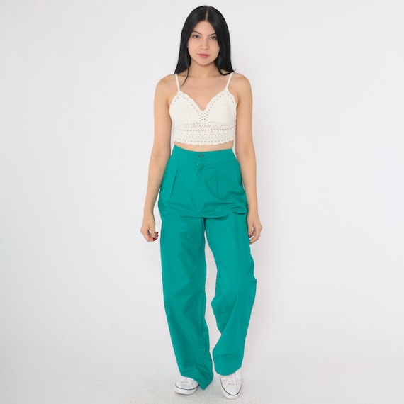 Vintage Teal Pleated Trousers 90s Straight Leg High Waisted Pants Retro Green Slacks Buckle Waist High Waisted Rise 1990s Medium 29