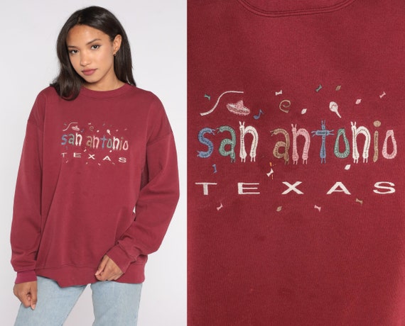 San Antonio Texas Sweatshirt 90s Burgundy Travel Slouchy Tourist City Graphic 1990s Crewneck Sweater Vintage Oneita Extra Large xl