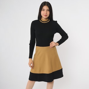 Color Block Dress 70s Vintage Brown Black Stripe Long Sleeve Turtleneck Midi A Line Wool Fall Winter Retro Chic Trendy Small Medium SM