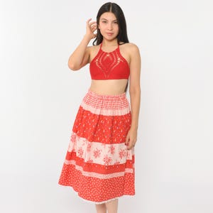 Vintage Floral Peasant Skirt 70s Red Cottagecore Hippie Skirt Tiered Gingham Midi Skirt Summer 1970s Boho Bohemian High Waist Small Medium