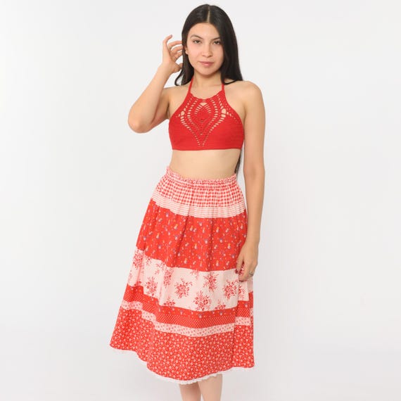 Vintage Floral Peasant Skirt 70s Red Cottagecore Hippie Skirt Tiered Gingham Midi Skirt Summer 1970s Boho Bohemian High Waist Small Medium