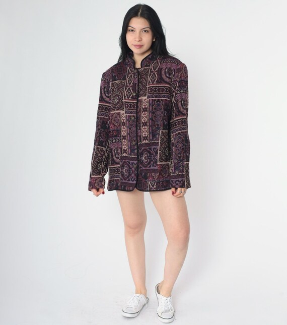 90s Patchwork Tapestry Jacket Vintage Purple Geom… - image 3