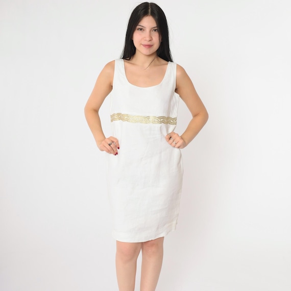 Vintage White Linen Mini Dress 90s Party Metallic Gold Braided Trim Sleeveless 1990s Going Out Cocktail Shift Scoop Neck Small 4