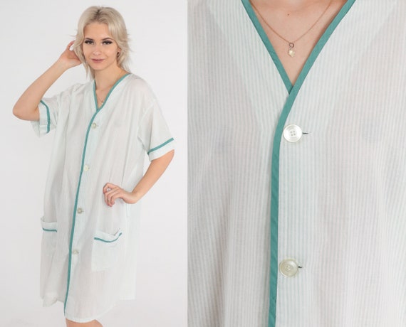 70s Pajama Dress Mini Sheer White Green Striped L… - image 1