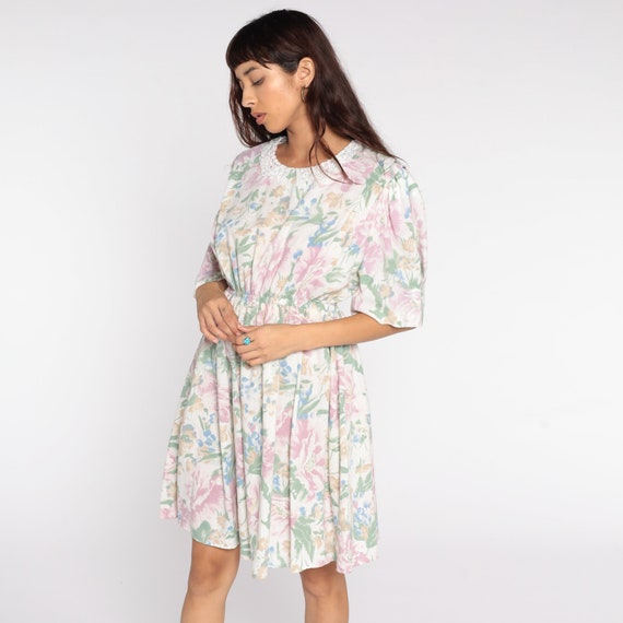 80s Floral Dress Lace Collar Mini Boho PUFF SLEEV… - image 3