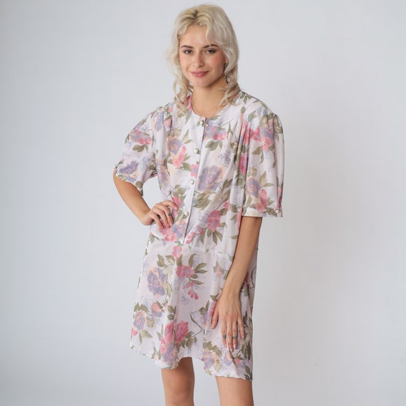 80s Floral Dress Puff Sleeve Mini Dress High Waisted Button up Flower Print Darling Boho Retro Girly Hippie Summer Vintage 1980s 3xl xxxl 20