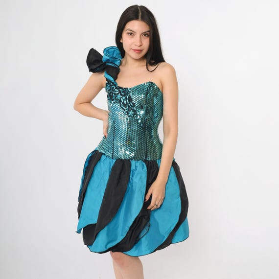 Vintage Turquoise Sequin Strapless Dress 80s Blue Black Balloon Skirt Prom Party Metallic Ruffle Strapless Sweetheart Neckline 1980s Small 4