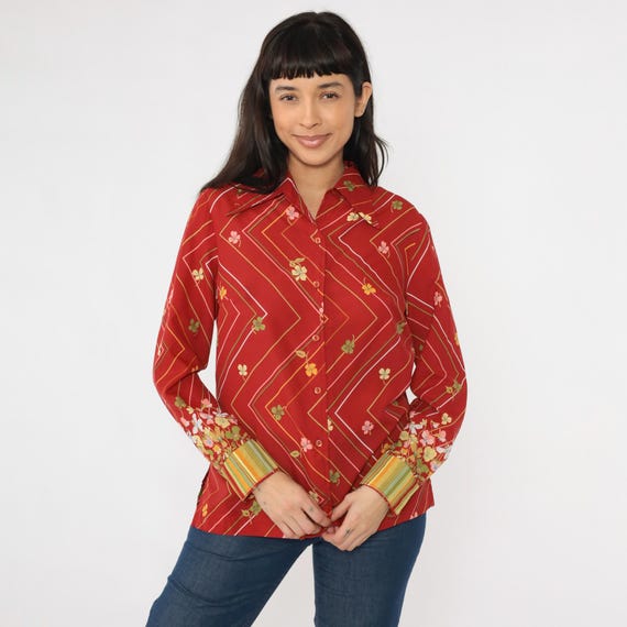 70s Striped Floral Blouse Vintage Red Zig Zag Button Up Shirt Retro Statement Novelty Long Sleeve Green Pink Yellow 1970s Medium M
