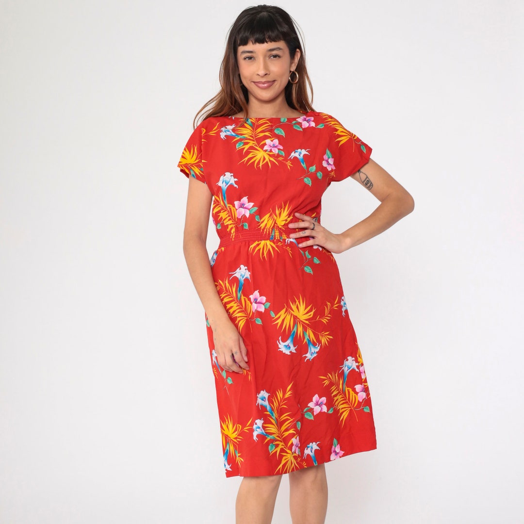 80s Tropical Floral Dress Red Midi Dress Vintage Hilo Hatties Hawaiian ...