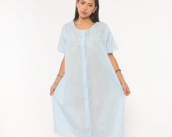 80s Eyelet Housecoat Baby Blue Nightie Cotton Button Front Short Sleeve Robe Lace Trim Embroidered Cottagecore Prairie Vintage Large L