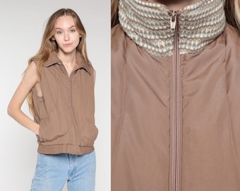 80s Ski Vest Brown Puffer Vest Retro Knit Sleeveless Jacket Zip Up Polyester Fill Skiwear Winter Layering Puffy Vintage 1980s Medium M