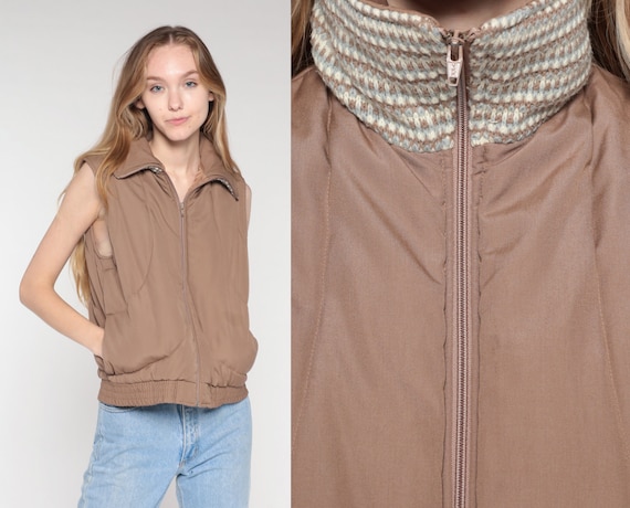 80s Ski Vest Brown Puffer Vest Retro Knit Sleeveless Jacket Zip Up Polyester Fill Skiwear Winter Layering Puffy Vintage 1980s Medium M