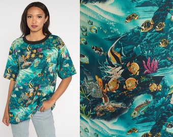 Tropical Fish Shirt Under The Sea Tshirt 90s Sea Turtle Shirt Travel Graphic T Shirt Vintage 1990s All Over Print Shirt Blue Extra Large xl