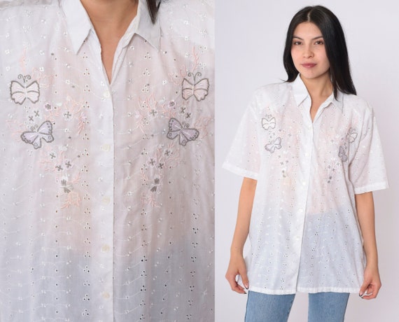 Vintage 80s White Cotton Embroidered Eyelet Short Sleeve Button Up Shirt Butterfly Floral Design Summer Festival Casual Breathable Small
