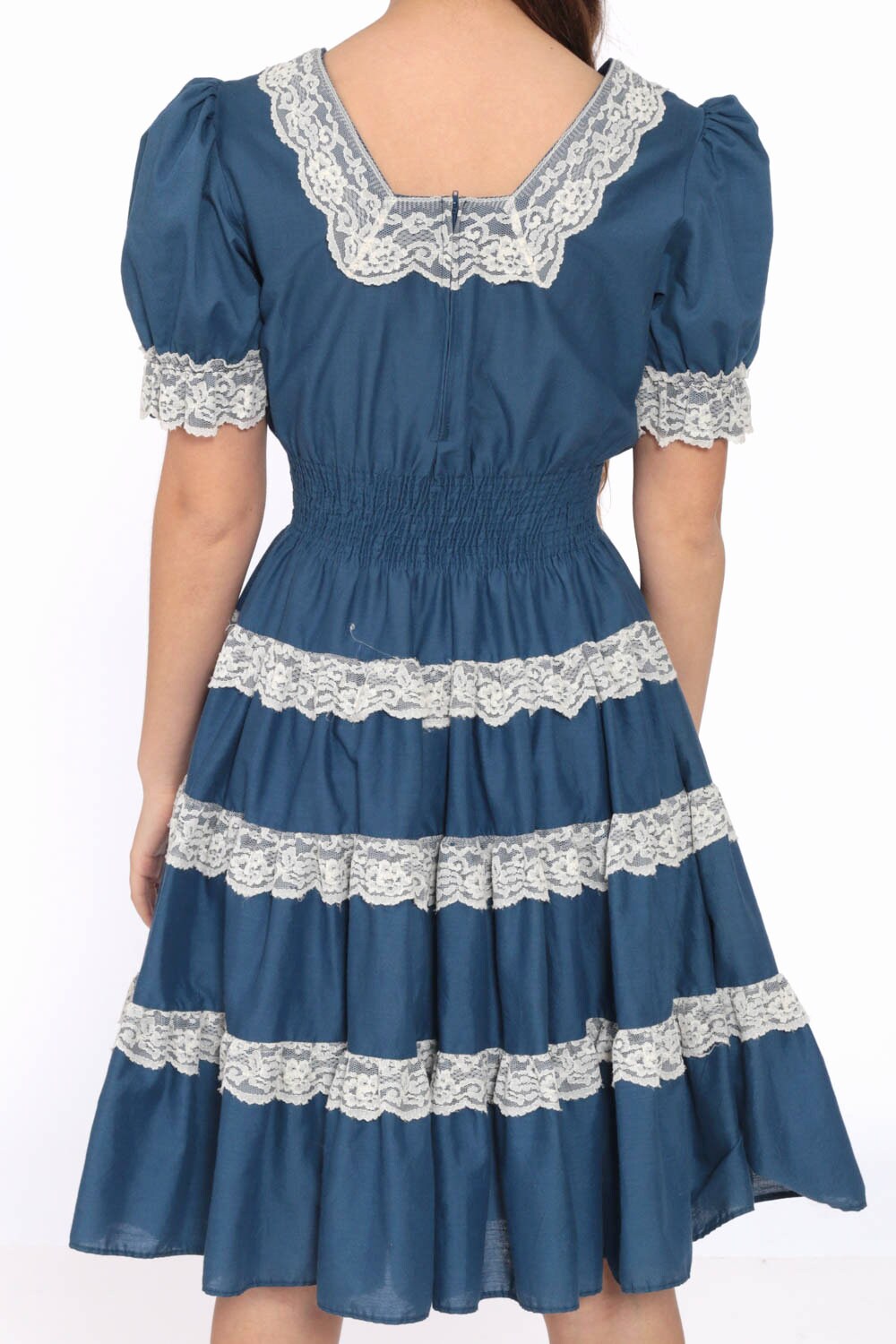 Country Dance Dress 70s Puff Sleeve Line Dancing Lace Trim Blue Midi Tiered Western Square 