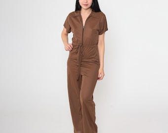 Vintage 70s Wide Leg Jumpsuit Brown Boho One Piece Zip Up Utility Bohemian High Waist 1970s Short Sleeve Pants Outfit Extra Small xs