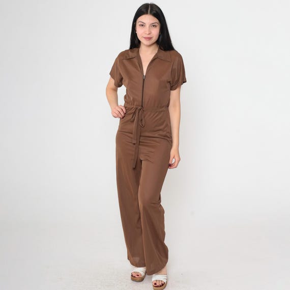 Vintage 70s Wide Leg Jumpsuit Brown Boho One Piece Zip Up Utility Bohemian High Waist 1970s Short Sleeve Pants Outfit Extra Small xs