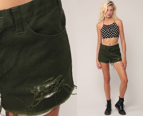 Levis Shorts Olive Green Shorts Ripped Shorts Cut Off Shorts 80s Levi Sta Prest Cutoff High Waisted Cutoffs FRAYED Vintage Medium